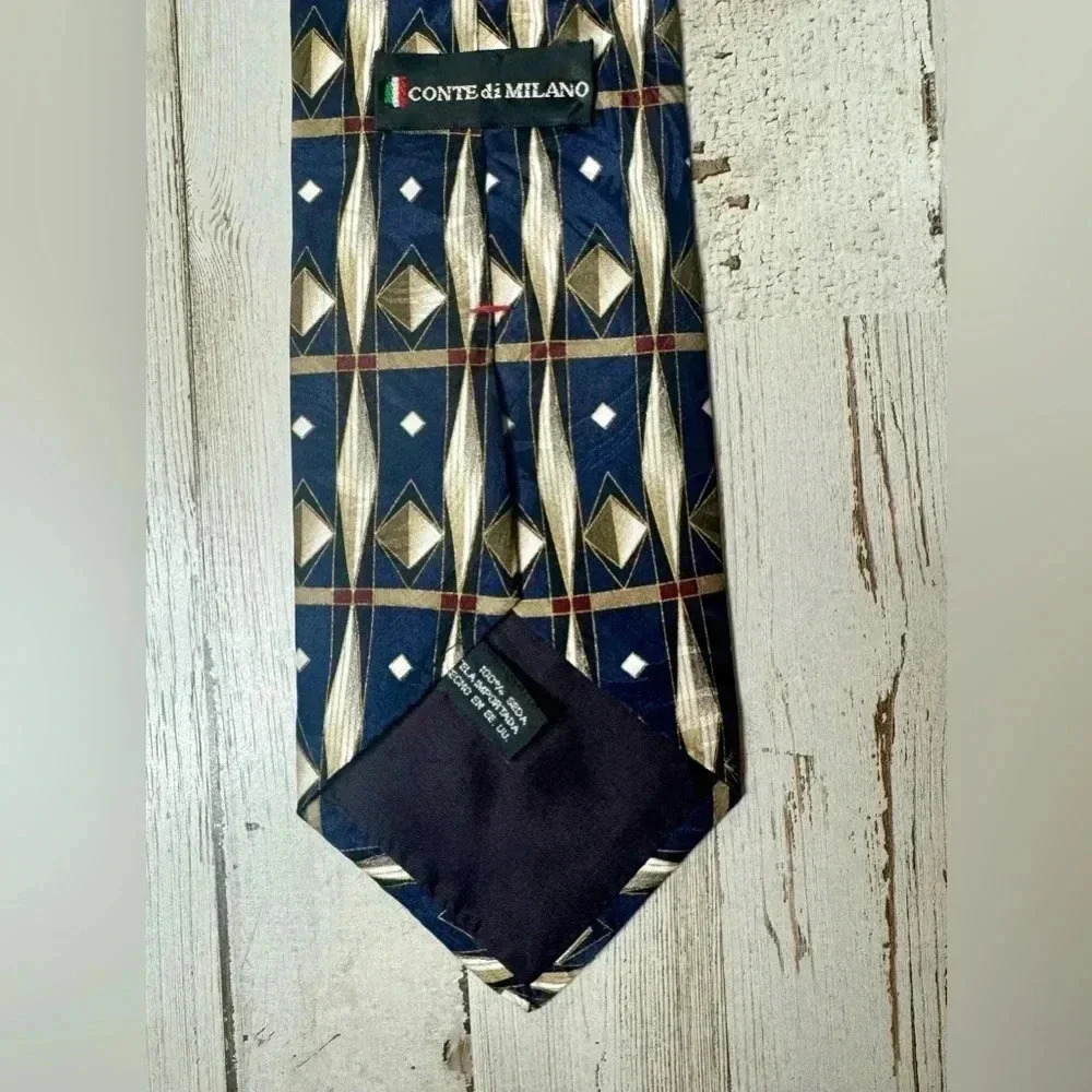 Conte di Milano Geometric 100% Silk Necktie Designer Tie Blue/gold - Picture 6 of 6